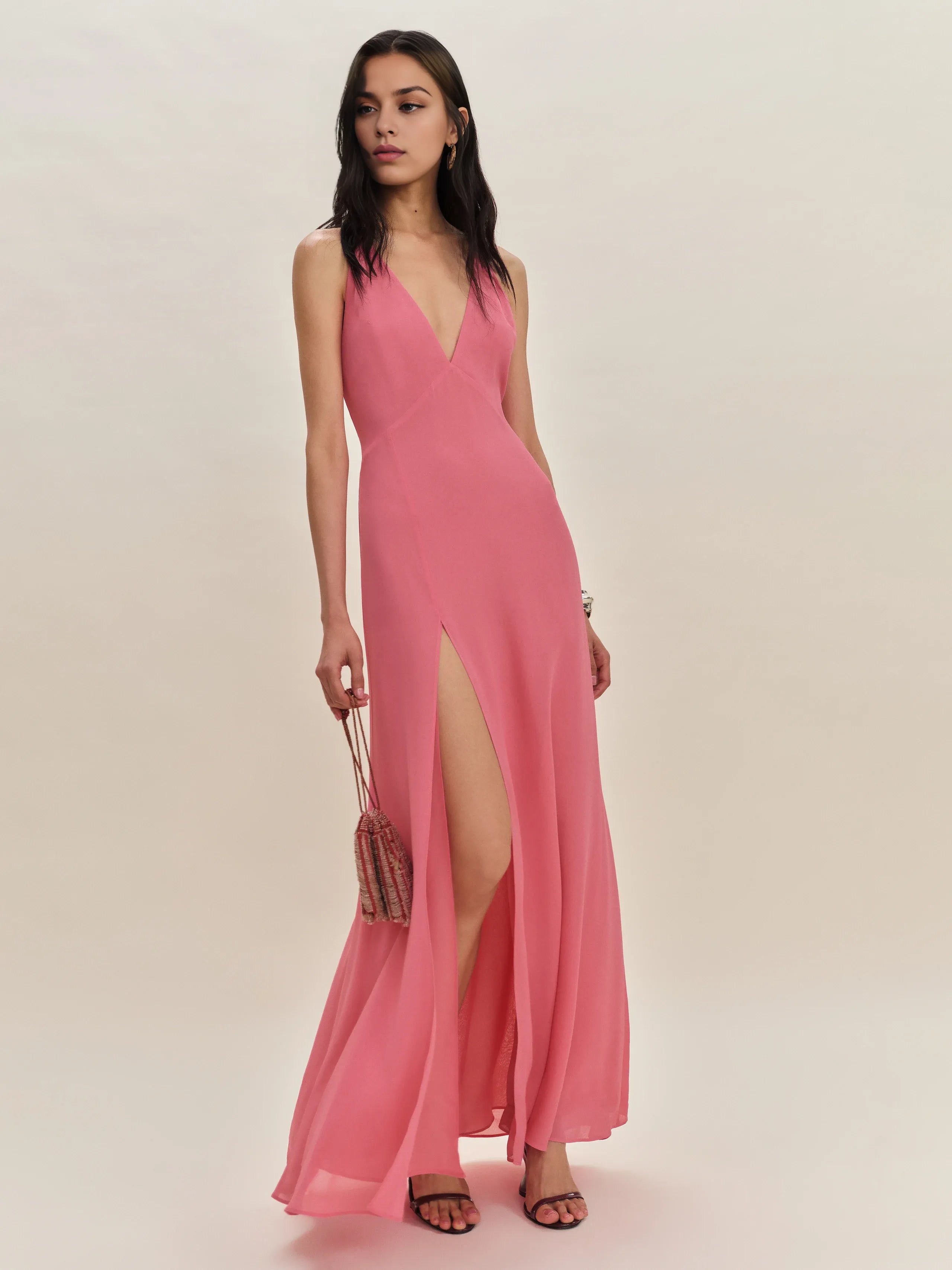 Dress Simple Halter V Neck Sleeveless A-line Prom Dress Maxi Dress Column Backless Evening Dress With Slit
