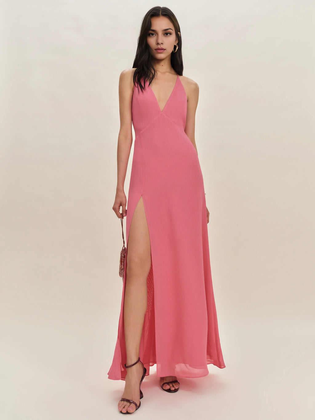 Dress Simple Halter V Neck Sleeveless A-line Prom Dress Maxi Dress Column Backless Evening Dress With Slit