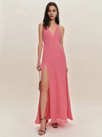 Dress Simple Halter V Neck Sleeveless A-line Prom Dress Maxi Dress Column Backless Evening Dress With Slit