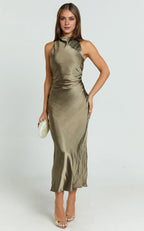 Dress Simple High Neck Cross Back Slip Olive Midi Dress Solid Color Sleeveless Backless Party Evening Dress