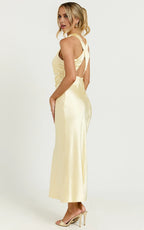 Dress Simple High Neck Cross Back Slip Olive Midi Dress Solid Color Sleeveless Backless Party Evening Dress