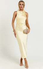 Dress Simple High Neck Cross Back Slip Olive Midi Dress Solid Color Sleeveless Backless Party Evening Dress