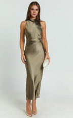 Dress Simple High Neck Cross Back Slip Olive Midi Dress Solid Color Sleeveless Backless Party Evening Dress