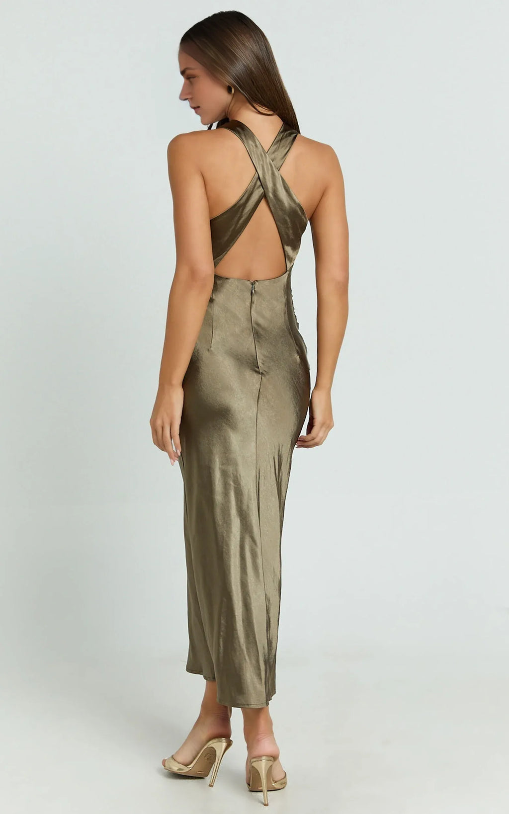 Dress Simple High Neck Cross Back Slip Olive Midi Dress Solid Color Sleeveless Backless Party Evening Dress