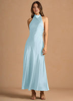Dress Simple High Neck Sleeveless Backless Pleated A-Line Evening Dress Tea-Length Prom Dress