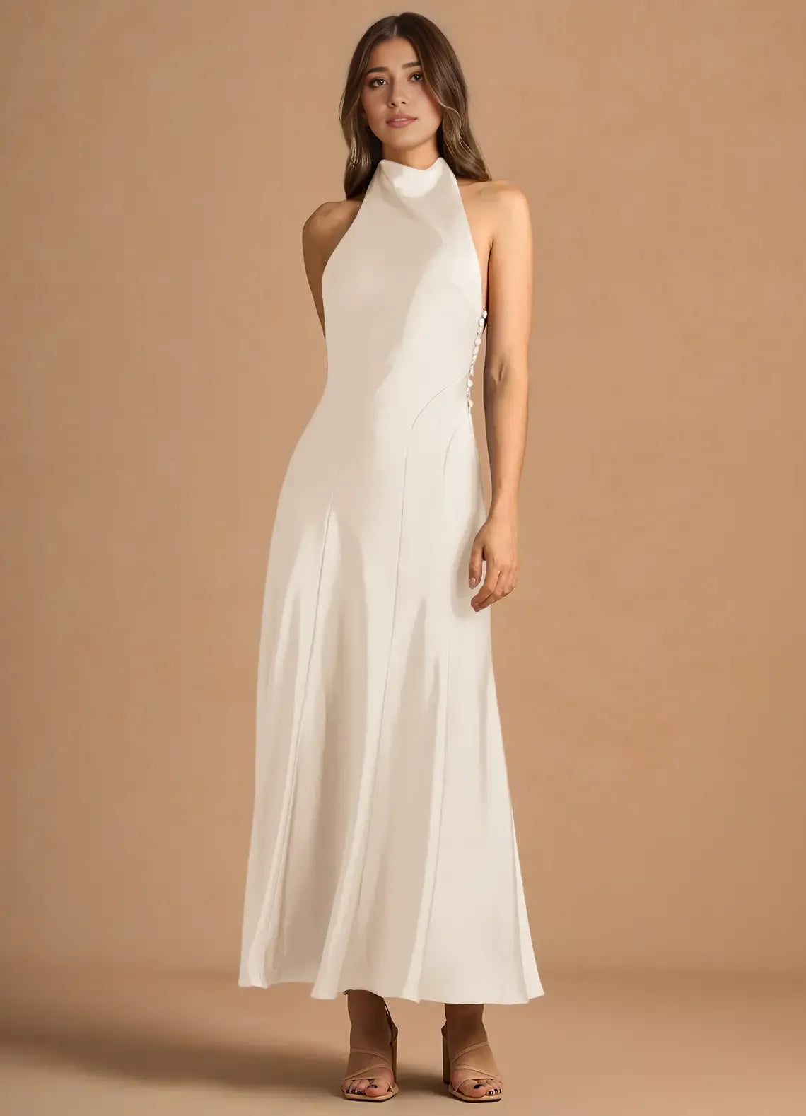 Dress Simple High Neck Sleeveless Backless Pleated A-Line Evening Dress Tea-Length Prom Dress