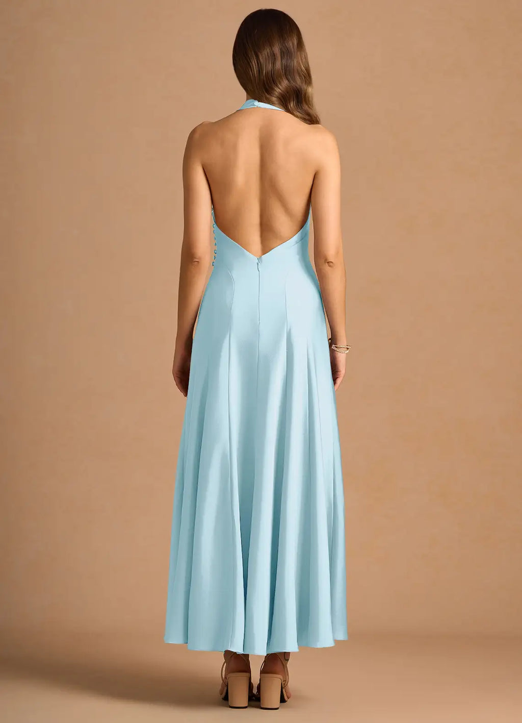Dress Simple High Neck Sleeveless Backless Pleated A-Line Evening Dress Tea-Length Prom Dress