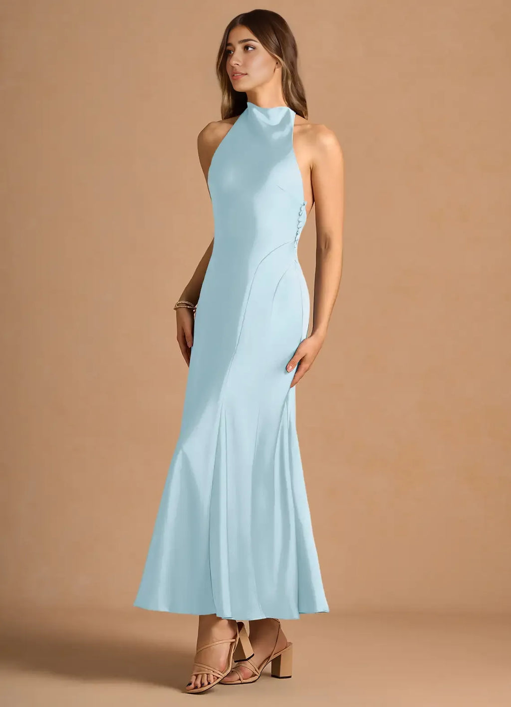 Dress Simple High Neck Sleeveless Backless Pleated A-Line Evening Dress Tea-Length Prom Dress