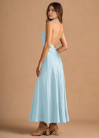 Dress Simple High Neck Sleeveless Backless Pleated A-Line Evening Dress Tea-Length Prom Dress