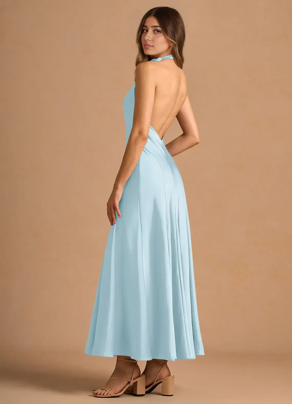 Dress Simple High Neck Sleeveless Backless Pleated A-Line Evening Dress Tea-Length Prom Dress