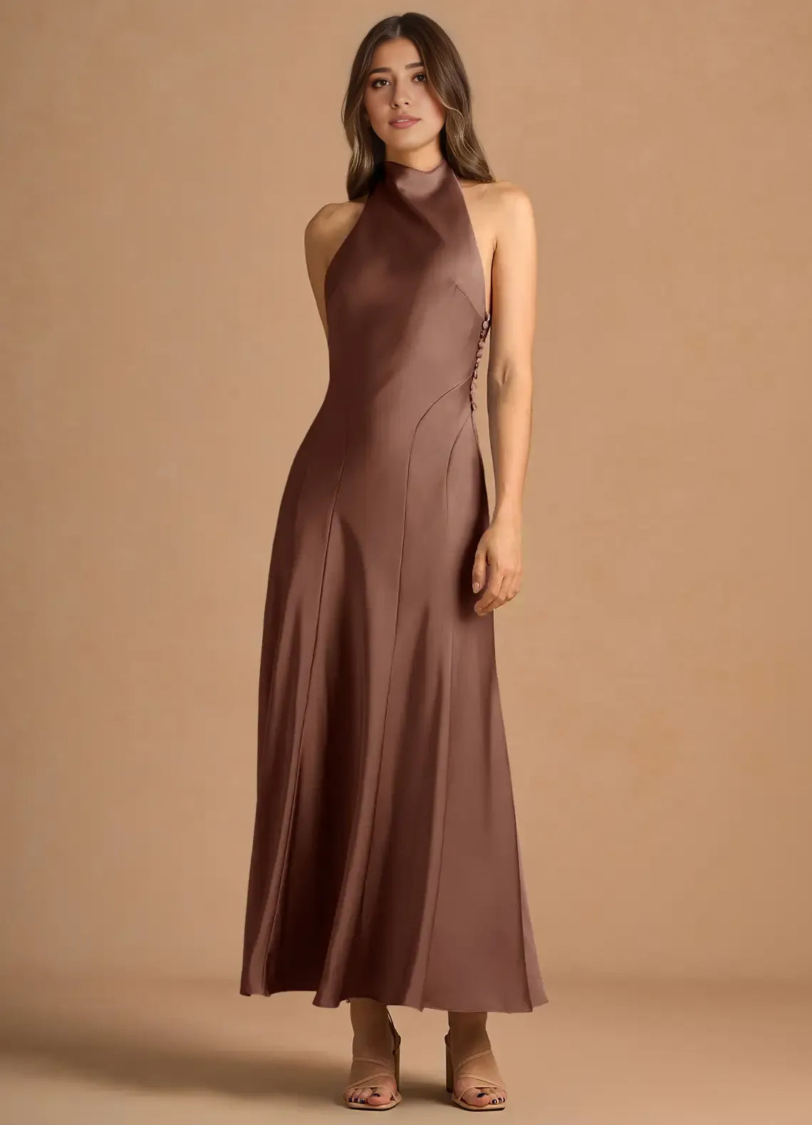 Dress Simple High Neck Sleeveless Backless Pleated A-Line Evening Dress Tea-Length Prom Dress