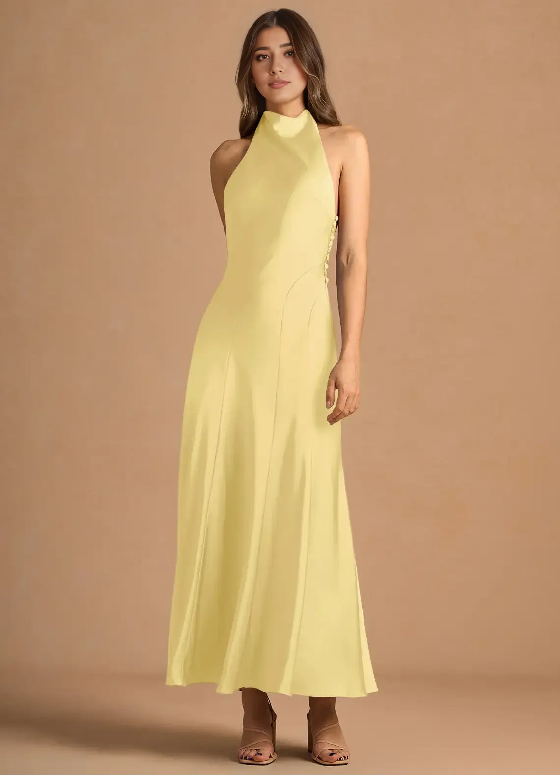 Dress Simple High Neck Sleeveless Backless Pleated A-Line Evening Dress Tea-Length Prom Dress