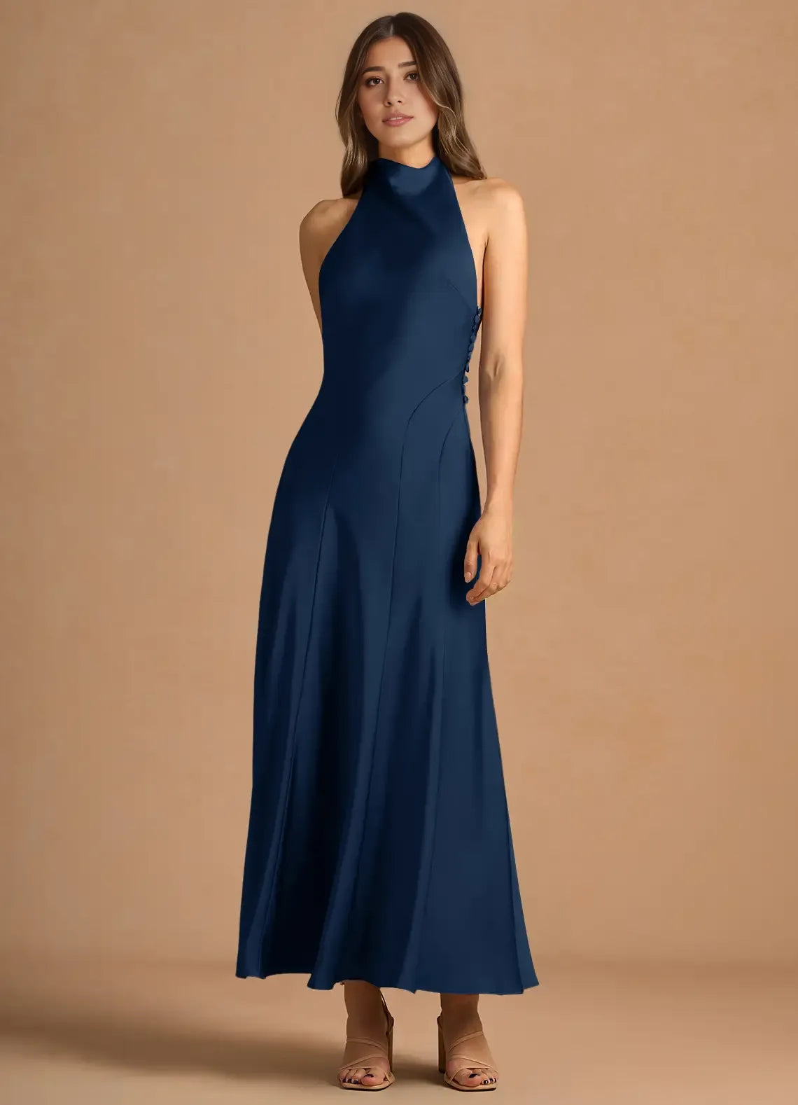 Dress Simple High Neck Sleeveless Backless Pleated A-Line Evening Dress Tea-Length Prom Dress