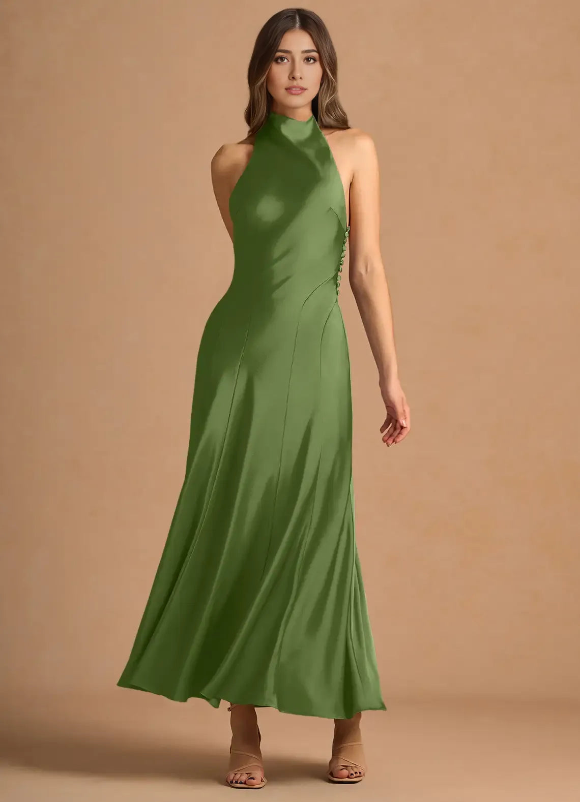 Dress Simple High Neck Sleeveless Backless Pleated A-Line Evening Dress Tea-Length Prom Dress