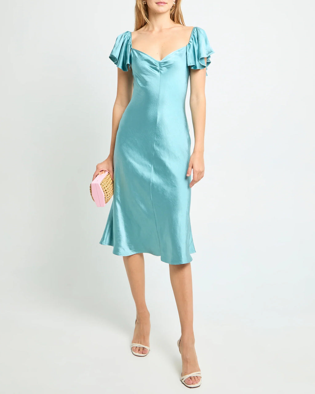 Dress Simple Mermaid Tea-Length Flutter Sleeve Party Dresses Sweetheart Neck Pleated Open Back Evening Dress