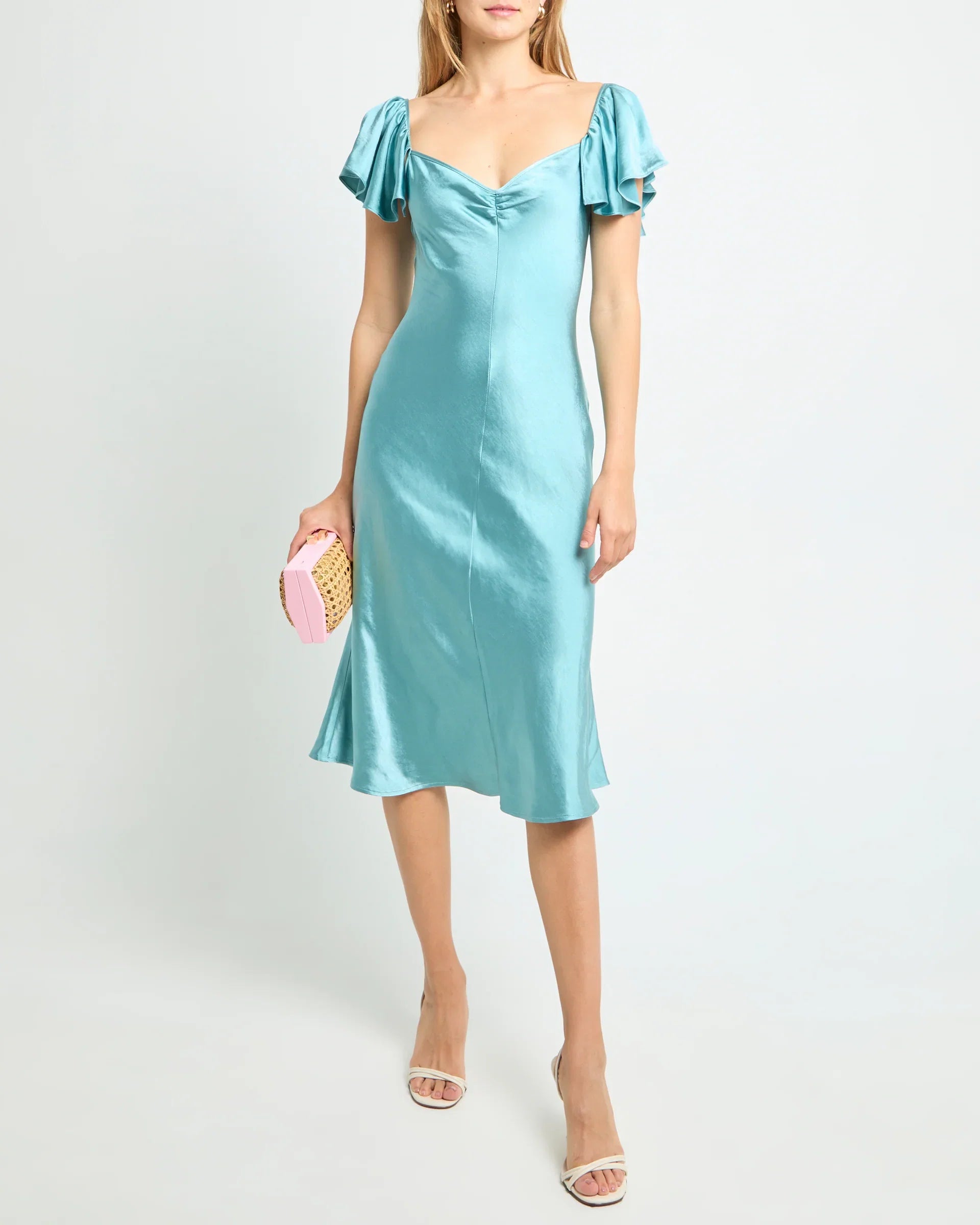 Dress Simple Mermaid Tea-Length Flutter Sleeve Party Dresses Sweetheart Neck Pleated Open Back Evening Dress