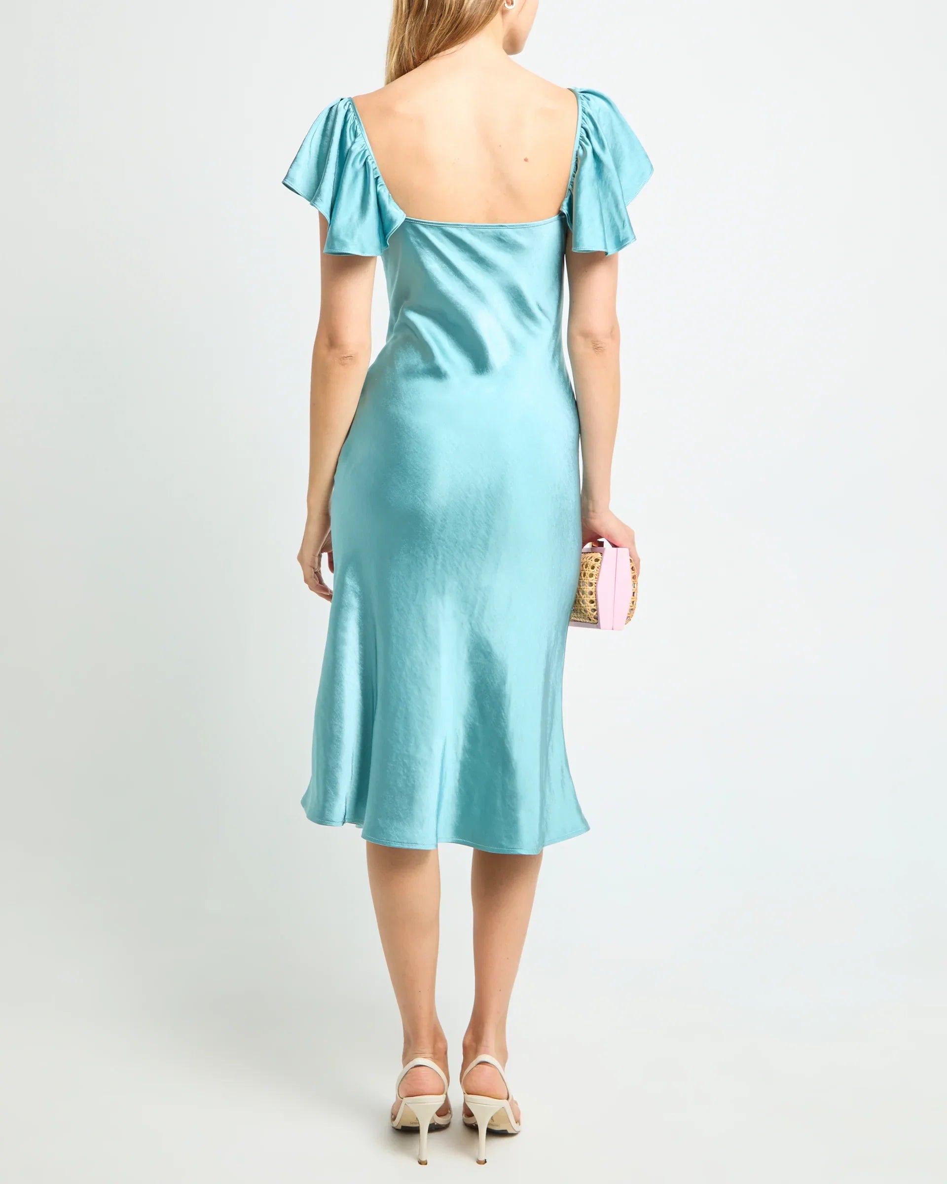 Dress Simple Mermaid Tea-Length Flutter Sleeve Party Dresses Sweetheart Neck Pleated Open Back Evening Dress