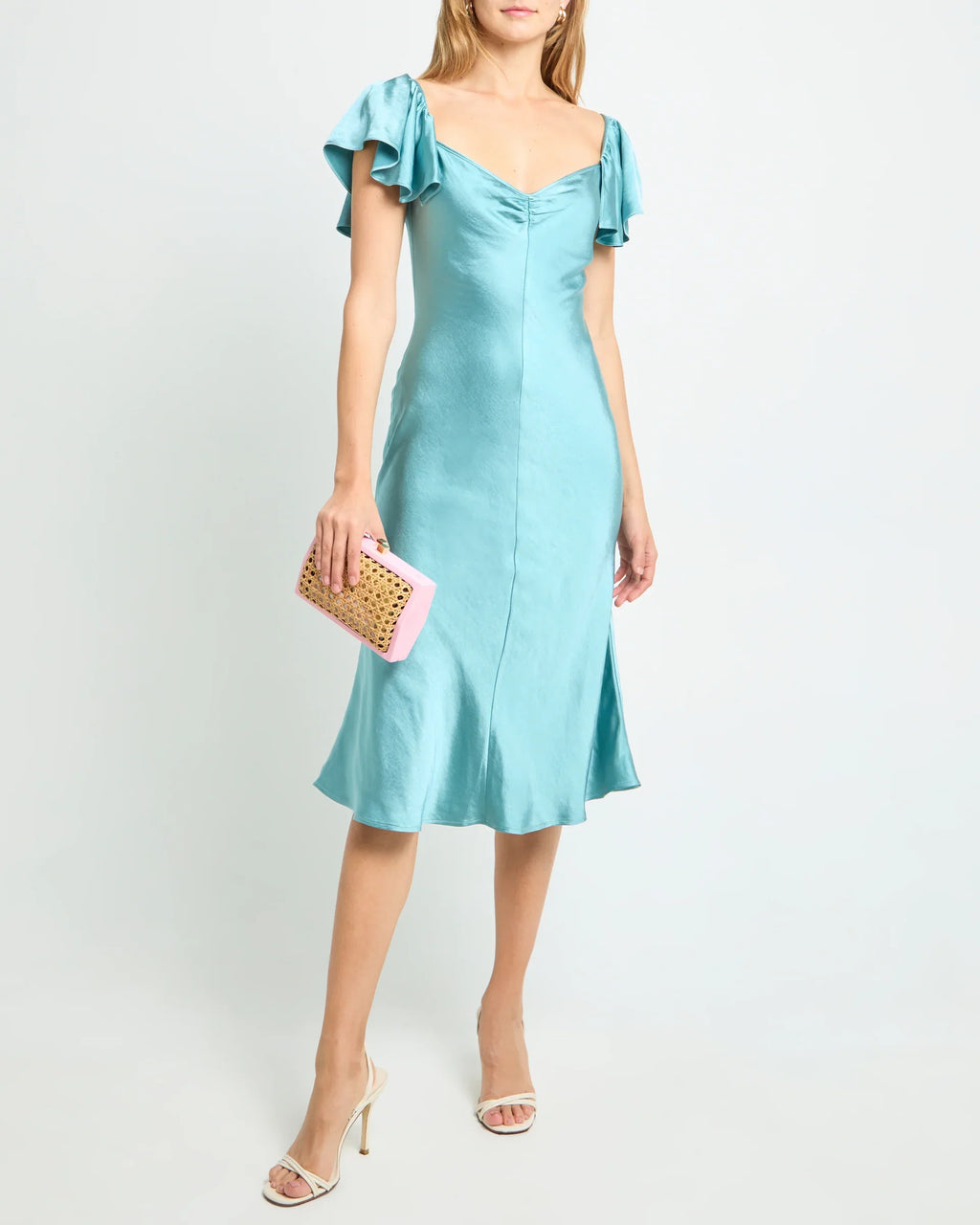 Dress Simple Mermaid Tea-Length Flutter Sleeve Party Dresses Sweetheart Neck Pleated Open Back Evening Dress