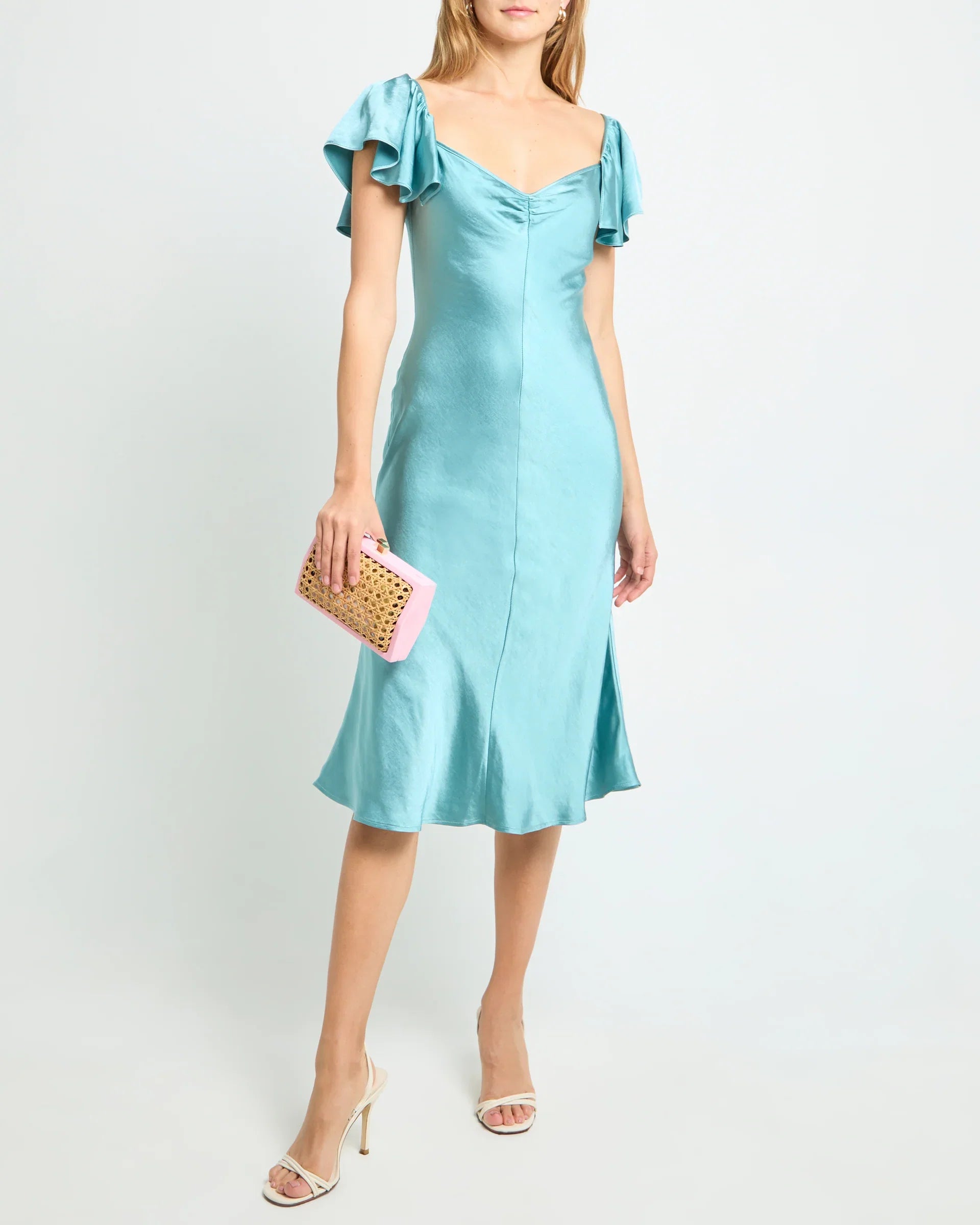 Dress Simple Mermaid Tea-Length Flutter Sleeve Party Dresses Sweetheart Neck Pleated Open Back Evening Dress