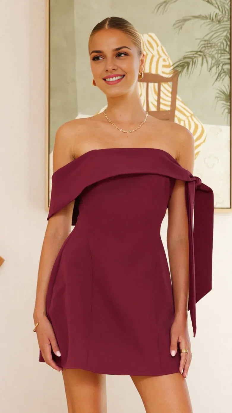 Wine Dress Simple Off Shoulder Mini Dress A-line Backless Solid Color Sleeveless Homecoming Dress