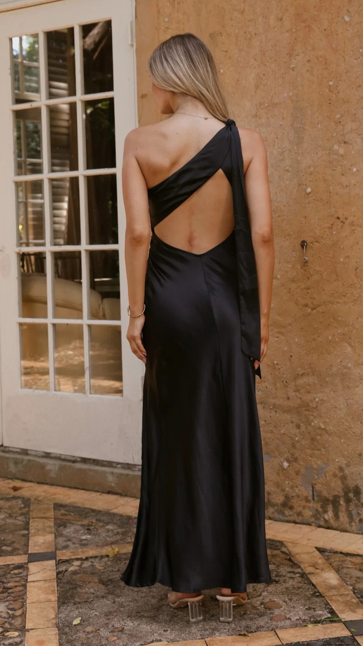Black Dress Simple One Shoulder Maxi Dress Sheath Backless Solid Color Sleeveless Prom Dress