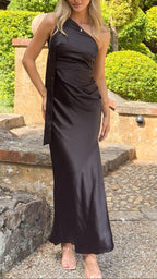 Black Dress Simple One Shoulder Maxi Dress Sheath Backless Solid Color Sleeveless Prom Dress