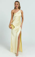 Dress Simple One Shoulder Tie Back Maxi Dress Solid Color Emerald Sleeveless Backless Party Evening Dress With Slit