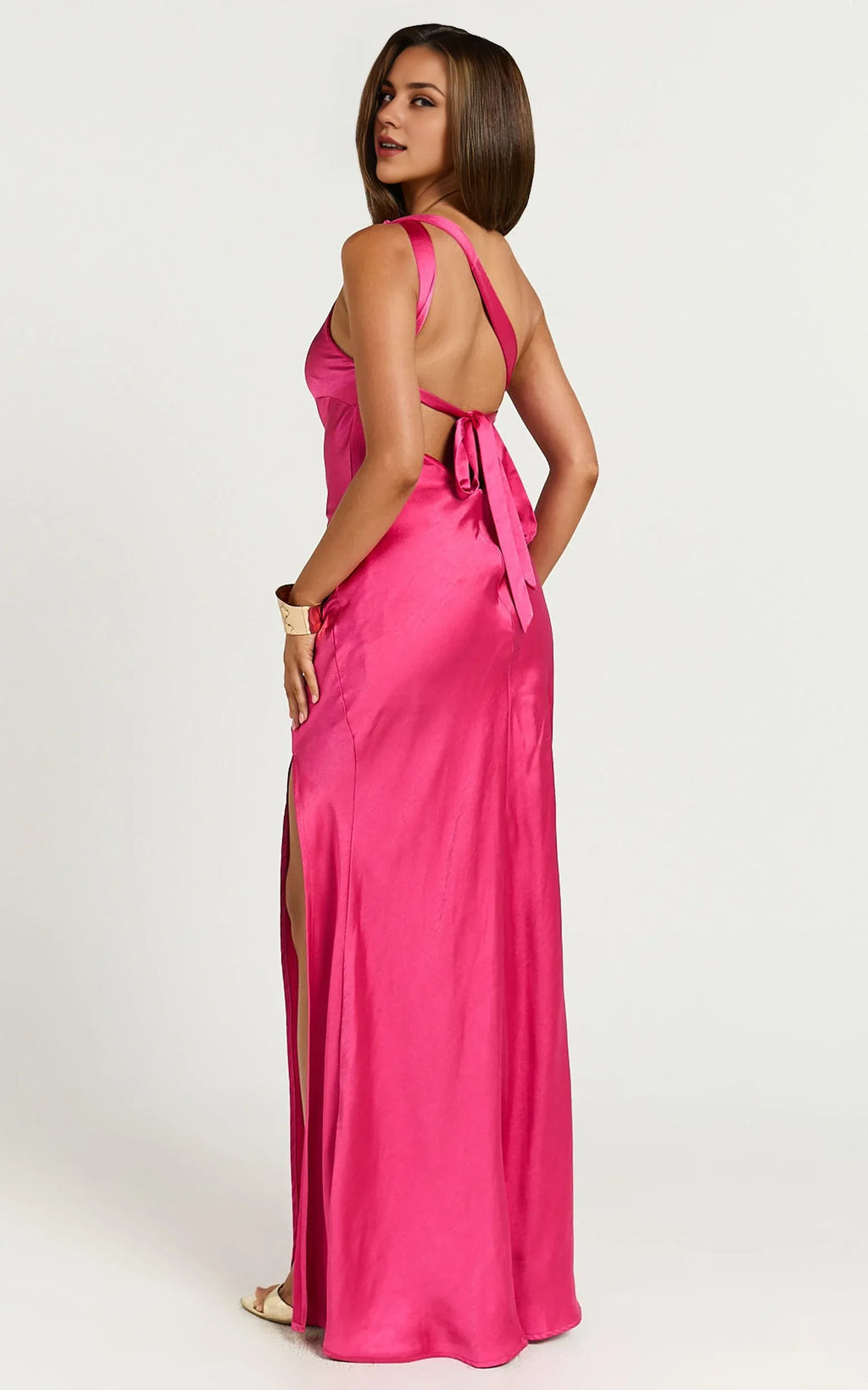 Dress Simple One Shoulder Tie Back Maxi Dress Solid Color Emerald Sleeveless Backless Party Evening Dress With Slit