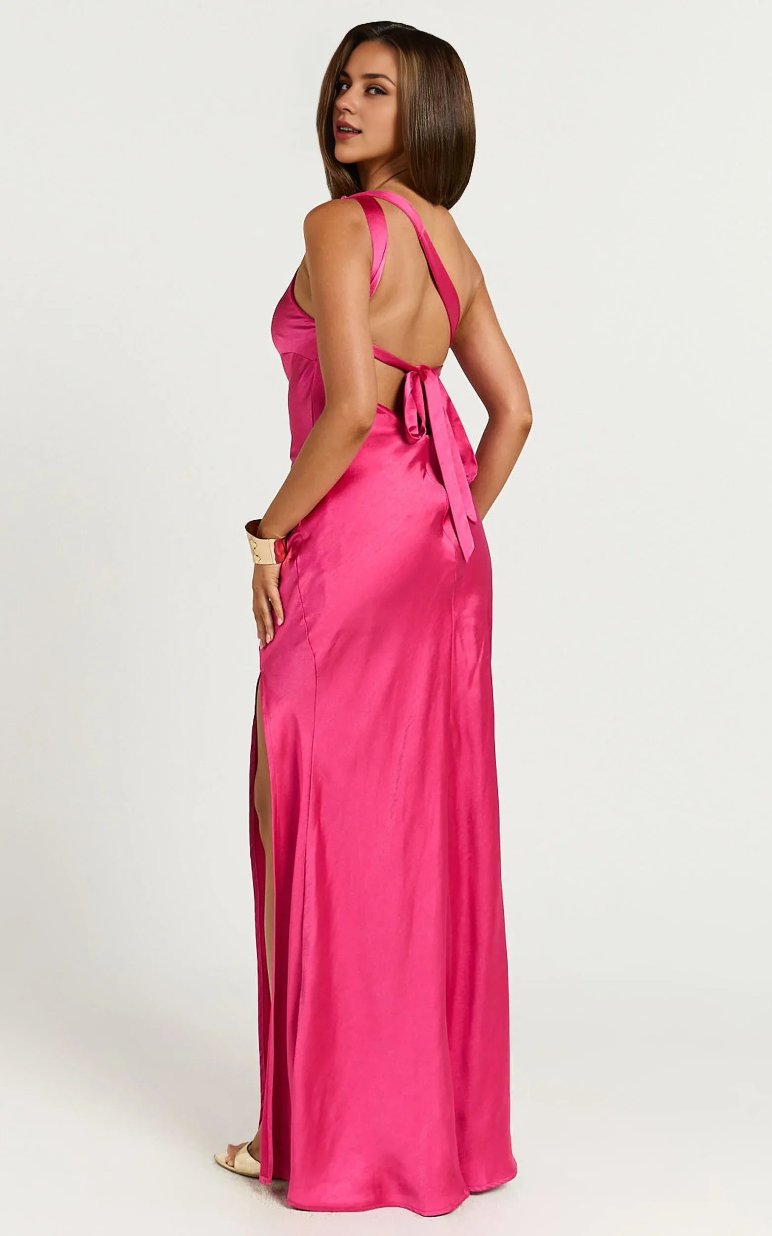 Dress Simple One Shoulder Tie Back Maxi Dress Solid Color Emerald Sleeveless Backless Party Evening Dress With Slit