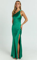 Dress Simple One Shoulder Tie Back Maxi Dress Solid Color Emerald Sleeveless Backless Party Evening Dress With Slit