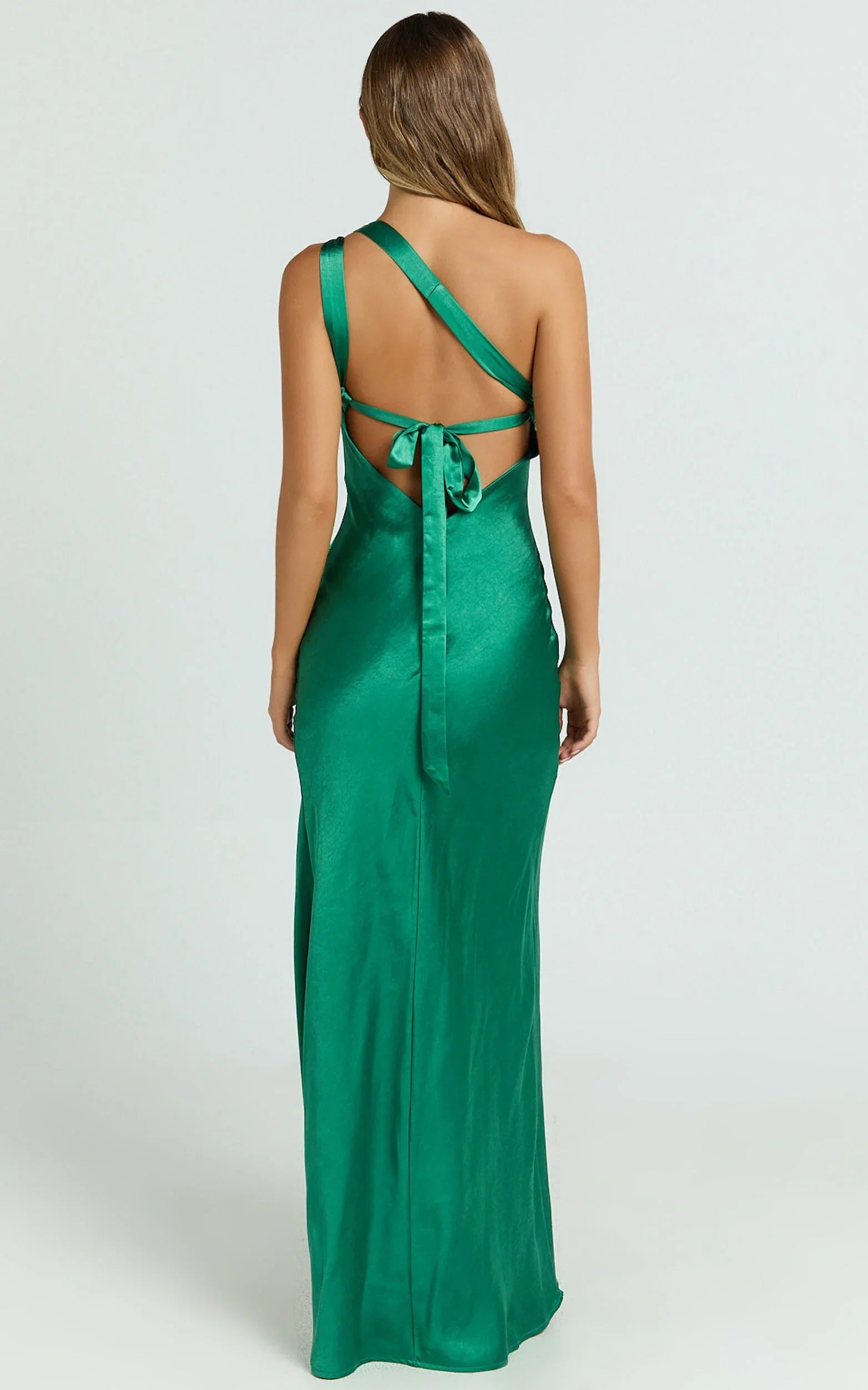 Dress Simple One Shoulder Tie Back Maxi Dress Solid Color Emerald Sleeveless Backless Party Evening Dress With Slit