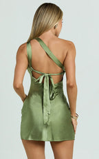 Dress Simple One Shoulder Tie Back Mini Dress Solid Color Olive Sleeveless Backless Party Homecoming Dress