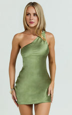Dress Simple One Shoulder Tie Back Mini Dress Solid Color Olive Sleeveless Backless Party Homecoming Dress