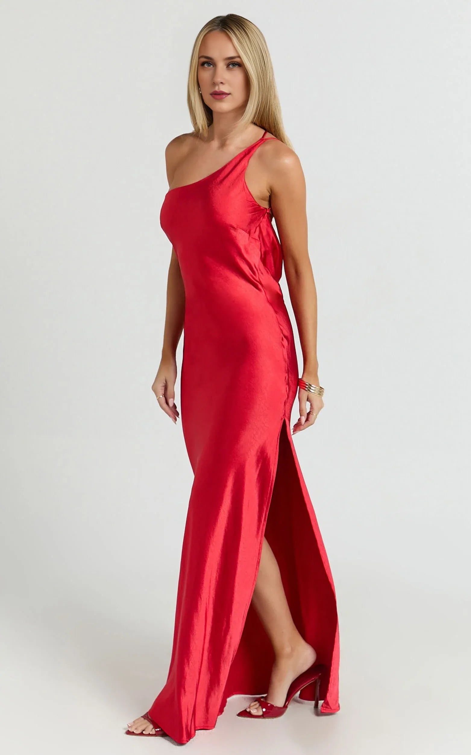 Red Dress Simple One Shoulder Cowl Back Bias Cut Maxi Dress Solid Color Sleeveless Backless Party Evening Dress