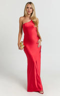 Red Dress Simple One Shoulder Cowl Back Bias Cut Maxi Dress Solid Color Sleeveless Backless Party Evening Dress