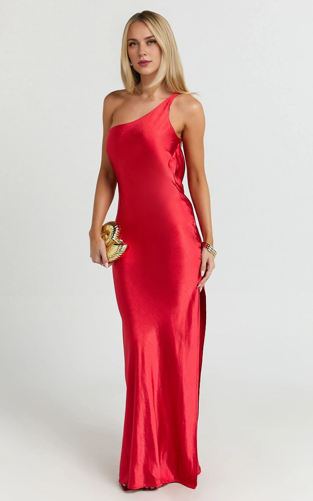 Red Dress Simple One Shoulder Cowl Back Bias Cut Maxi Dress Solid Color Sleeveless Backless Party Evening Dress