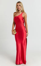 Red Dress Simple One Shoulder Cowl Back Bias Cut Maxi Dress Solid Color Sleeveless Backless Party Evening Dress