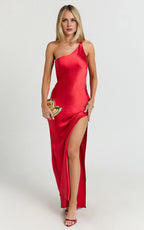Red Dress Simple One Shoulder Cowl Back Bias Cut Maxi Dress Solid Color Sleeveless Backless Party Evening Dress