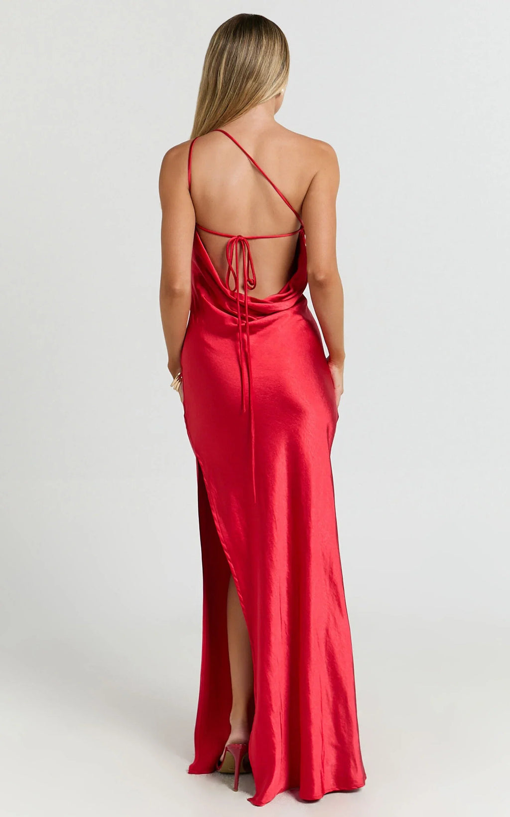 Red Dress Simple One Shoulder Cowl Back Bias Cut Maxi Dress Solid Color Sleeveless Backless Party Evening Dress