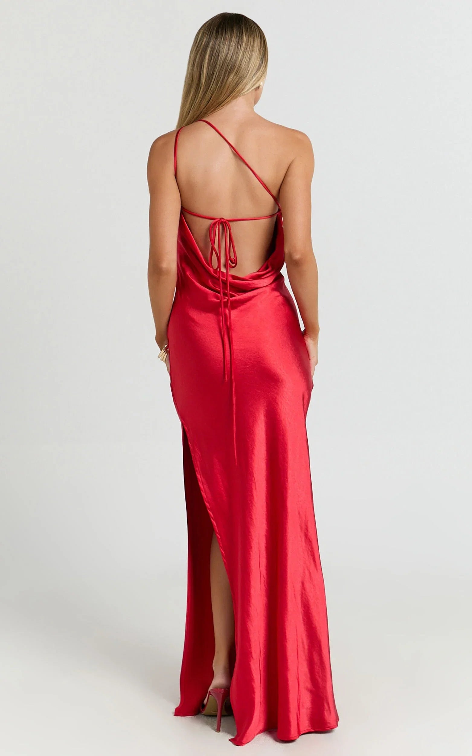 Red Dress Simple One Shoulder Cowl Back Bias Cut Maxi Dress Solid Color Sleeveless Backless Party Evening Dress