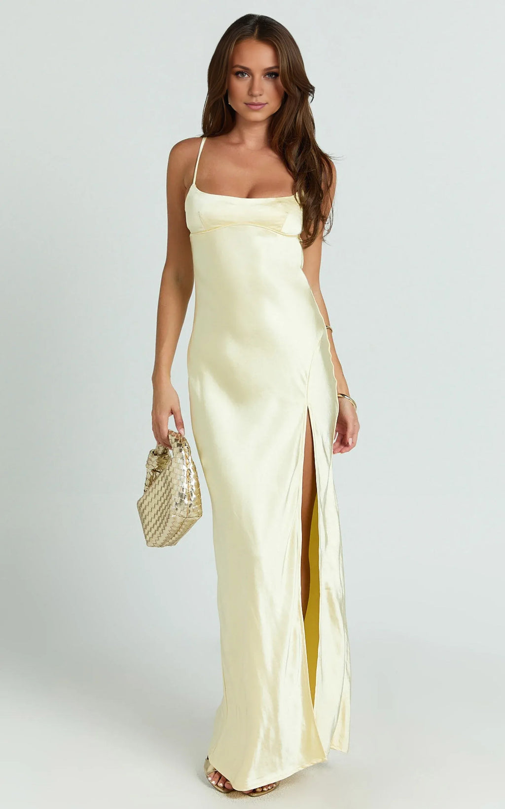 Dress Simple Scoop Neck Low Tie Back Slip Maxi Dress Lemon Square Neck Column Solid Color Evening Dress