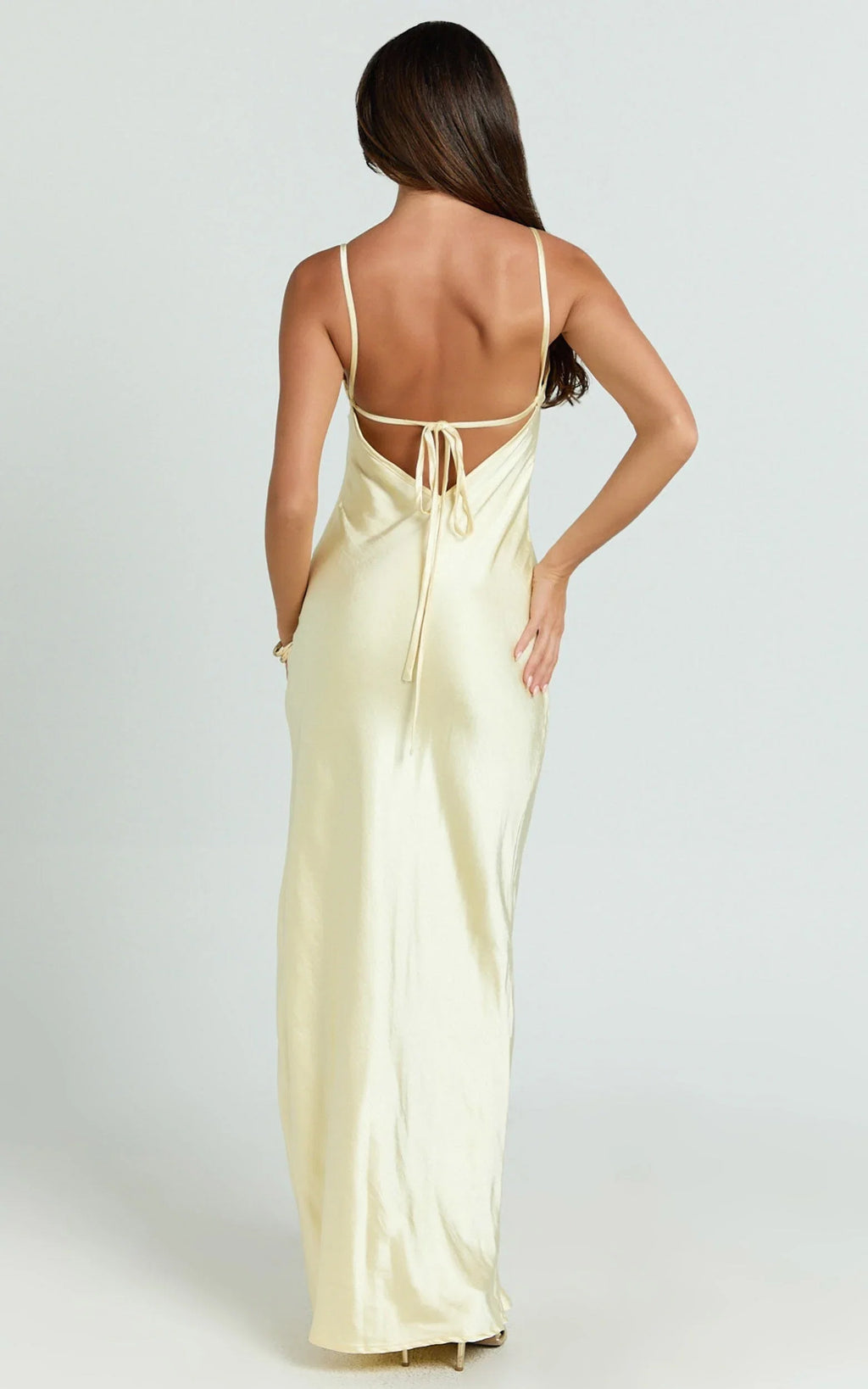 Dress Simple Scoop Neck Low Tie Back Slip Maxi Dress Lemon Square Neck Column Solid Color Evening Dress
