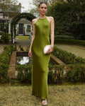Dress Simple Sheath Halter Tie Evening Dress Sleeveless Open Back Button Solid Color Prom Dress