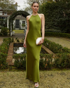 Dress Simple Sheath Halter Tie Evening Dress Sleeveless Open Back Button Solid Color Prom Dress