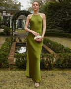 Dress Simple Sheath Halter Tie Evening Dress Sleeveless Open Back Button Solid Color Prom Dress