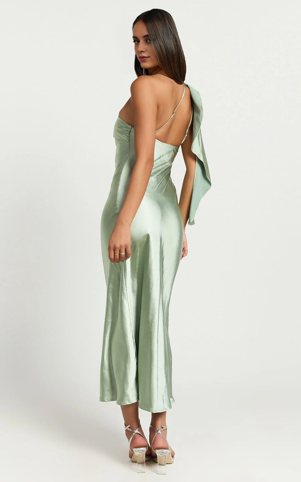 Dress Simple Strapless One shoulder Slip Midi Dress Solid Color Sleeveless Backless Sage Party Evening Dress
