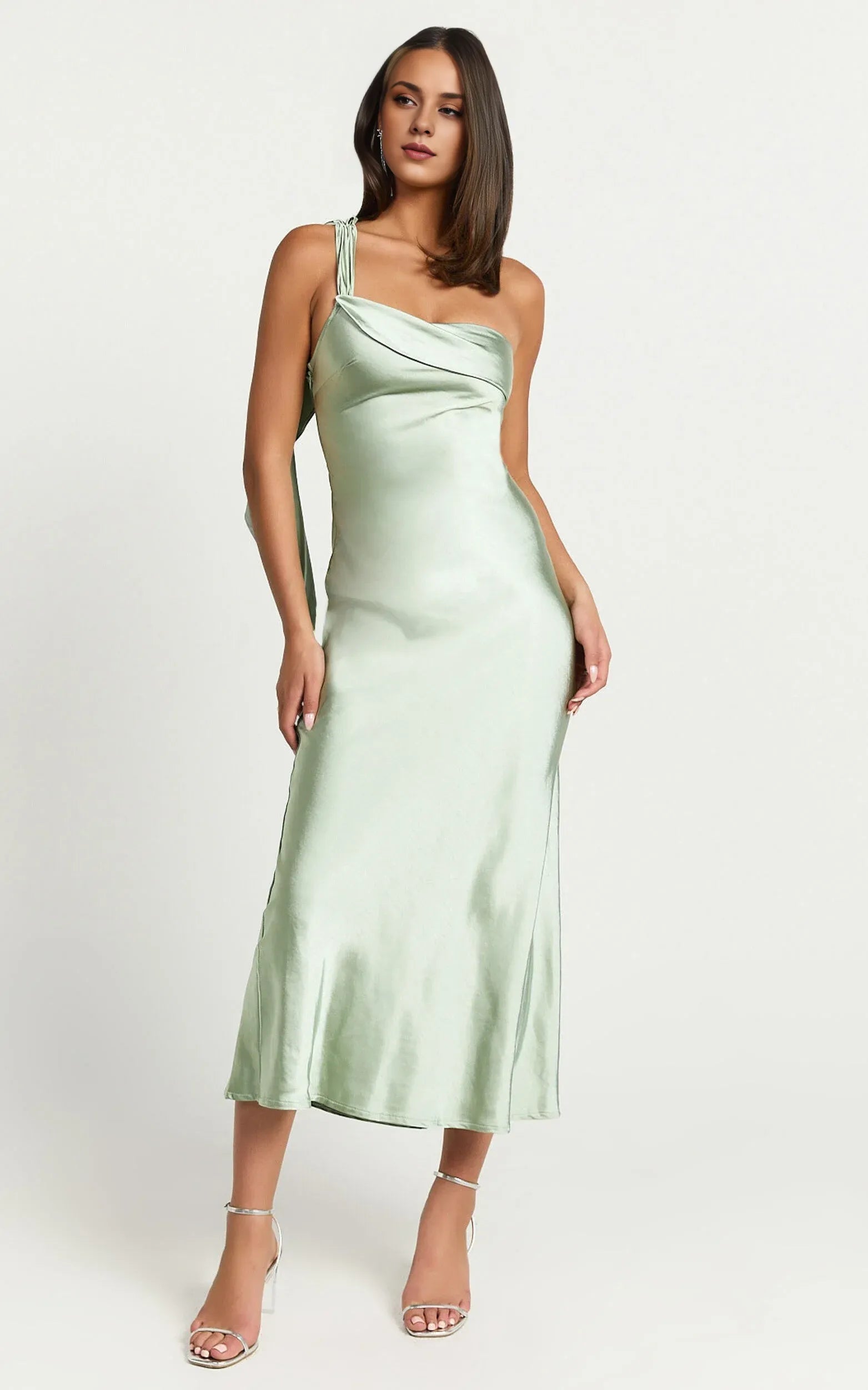 Dress Simple Strapless One shoulder Slip Midi Dress Solid Color Sleeveless Backless Sage Party Evening Dress