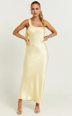 Dress Simple Strapless One shoulder Slip Midi Dress Solid Color Sleeveless Backless Sage Party Evening Dress
