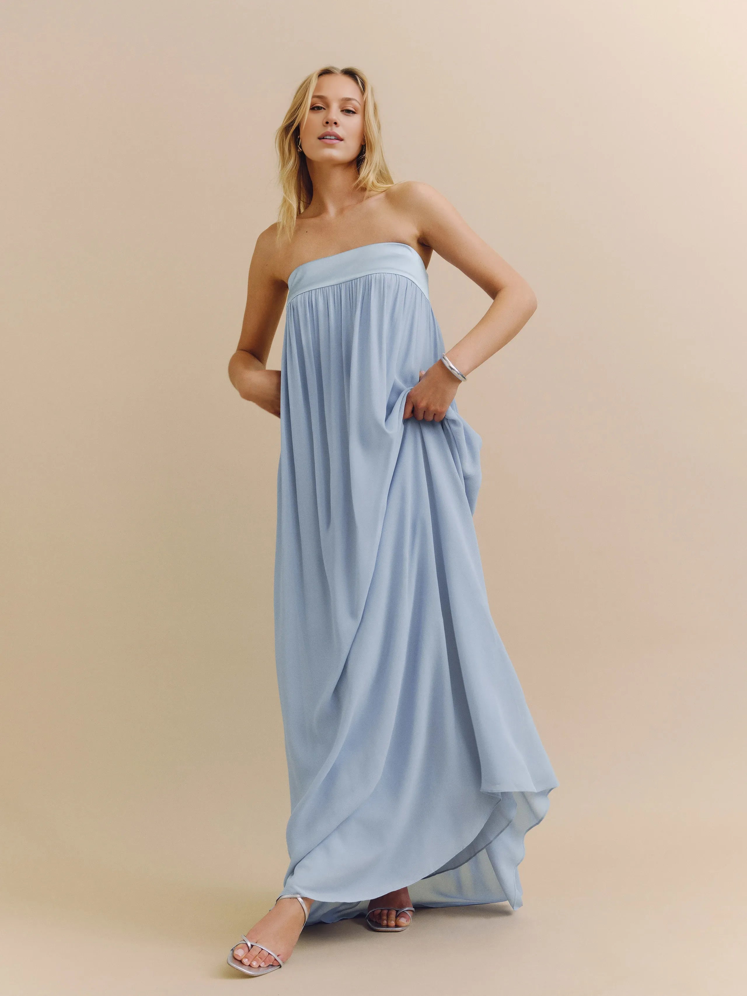 Dress Simple Strapless Sleeveless A-line Prom Dress Maxi Dress Pleated Backless Evening Dress