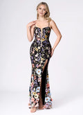 Black Dress Spaghetti Straps Romantic 3D Flower Maxi Dress Sleeveless Mermaid Side Slit Prom Dress